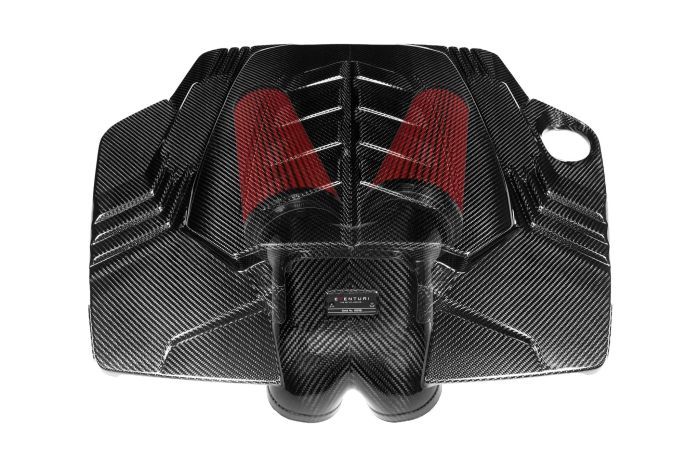 Carbon fiber engine cover featuring red air filters, labeled "EVENTURI MCLAREN 720S" on a small metallic plaque; part of a high-performance car's engine bay.