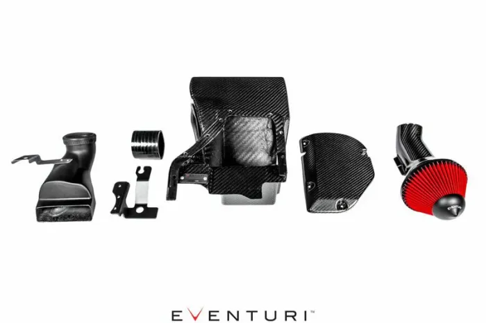 Carbon fiber car air intake parts arranged sequentially on a white background, including ducts, connectors, and a red air filter. Text says: "EVENTURI".