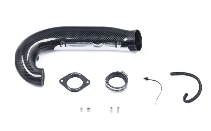 Carbon fiber intake pipe with visible mounting hardware and Eventuri branding, accompanying hose fitting, screws, and clamps are laid out on a white background. Text found: "EVENTURI FKB."