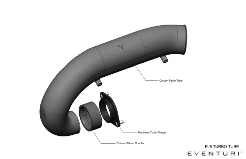 Carbon turbo tube with a red logo is shown alongside a machined turbo flange and custom silicon coupler, set against a white background. Text: "FL5 TURBO TUBE EVENTURI."