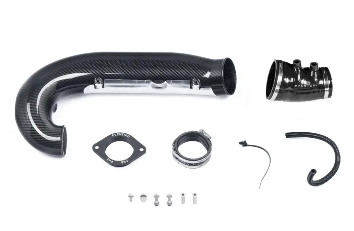 Carbon fiber intake pipe with metal fittings, clamps, screws, and an Eventuri-branded silicone hose laid out on a white background.
