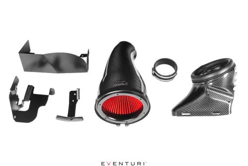 A disassembled car intake system features a carbon fiber air filter housing, red cone filter, metal brackets, and clamps on a white background. Text: "EVENTURI™".