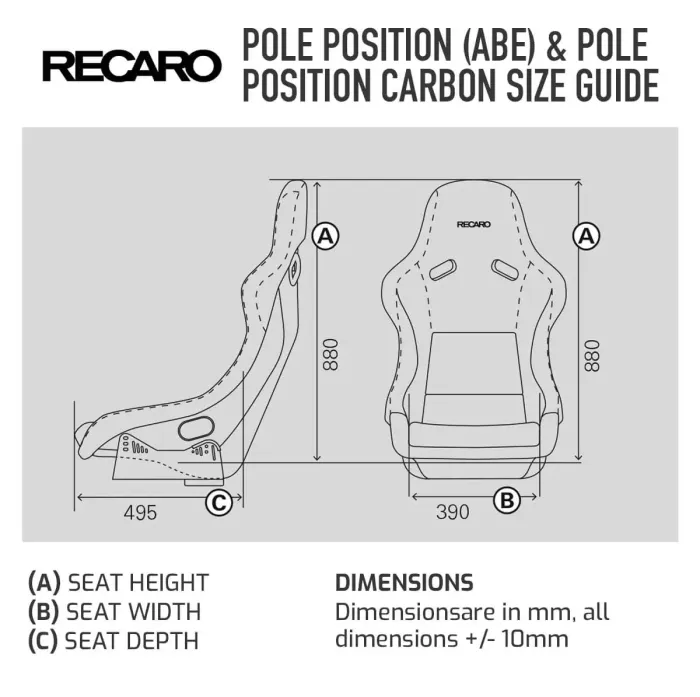 A diagram of a RECARO car seat with height, width, and depth measurements: Height (880 mm), Width (390 mm), Depth (495 mm). Text: "POLE POSITION (ABE) & POLE POSITION CARBON SIZE GUIDE." Dimensions are in mm with a margin of +/- 10mm.