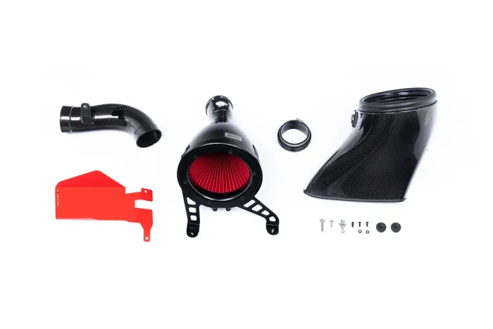 Carbon fiber air intake system with a red air filter and black tubing is displayed on a white background; various components and screws are shown for assembly.