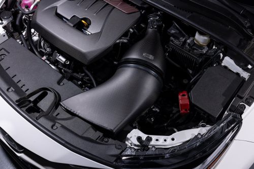 Engine bay with a carbon fiber intake manifold and engine cover, surrounded by various components, wires, and coolant reservoir. The exterior body panel of a vehicle is visible at the bottom.