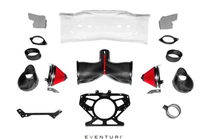 A set of car air intake components, including carbon fiber tubes and bright red filters, arranged neatly on a white background. Text: "EVENTURI".
