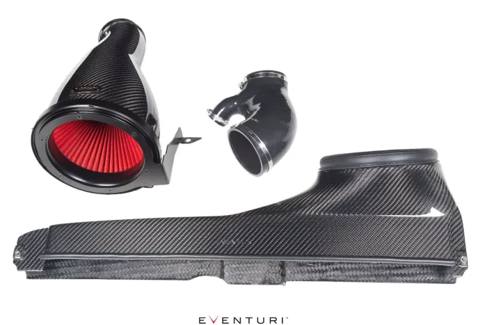 Carbon fiber air intake parts with a red filter sit on a white background; the brand name "Eventuri" is displayed below.