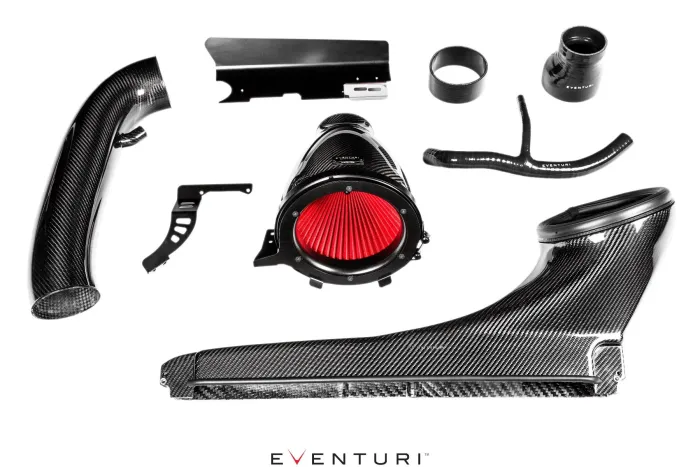 Carbon fiber car air intake components with a red air filter are laid out on a white background. The text "EVENTURI" is displayed at the bottom center.