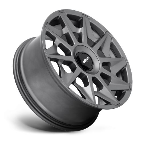 A metallic, multi-spoke alloy wheel is angled, showcasing its detailed design. The center hub displays the text "rotiform." The wheel is set against a clean, white background.