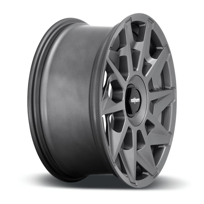 A dark gray alloy wheel is shown standing upright with multi-spoke design, “rotiform” written on the black center cap; the background is a plain white setting.