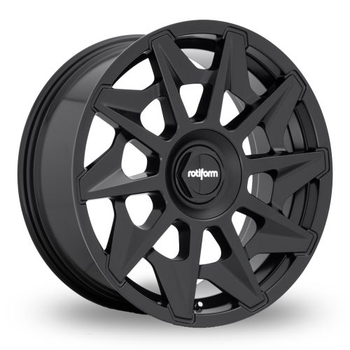 A black alloy wheel with a multi-spoke geometric design, bearing the white "rotiform" logo in its center, against a white background.