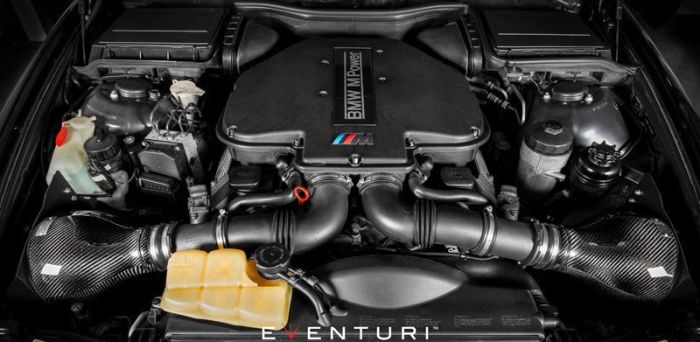 Engine bay of a BMW M Power vehicle with a V8 engine. Carbon fiber intake systems are visible on both sides, and the surroundings contain various engine components and fluids. Eventuri branding is at the bottom.