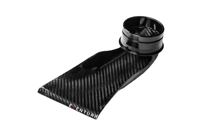 A carbon fiber air intake pipe with flared opening sits isolated on a white background. The word "Eventuri" is printed in white, red, and silver on the tapered edge.