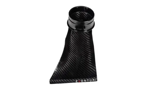 A sleek carbon fiber automotive intake duct sits against a white background. The word "EVENTURI" is printed at the base.