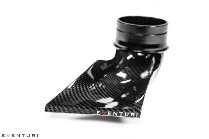 A carbon fiber air intake duct with a glossy finish, displaying the brand "EVENTURI" is set against a plain white background.