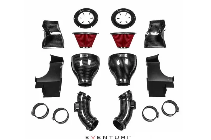 Automotive air intake system components, including red cone filters, black carbon fiber tubes, and various mounting parts organized on a white background. Text is "EVENTURI" at the bottom.