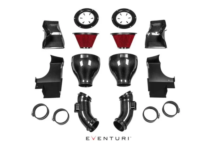 Carbon fiber air intake components arranged neatly, including ducts, filters, clamps, and connectors on a white background. Text at the bottom reads "EVENTURI."