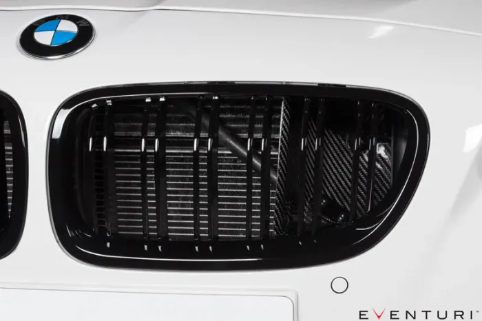 Close-up of a BMW car front grille with black vertical bars and carbon fiber detailing, showing the BMW emblem above; "EVENTURI" text is visible in the bottom right corner.