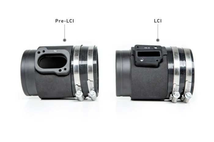 Two cylindrical automotive parts with metal clamps are labeled "Pre-LCI" (left) and "LCI" (right), showing different cut-out shapes for connectors. They are displayed on a white background.