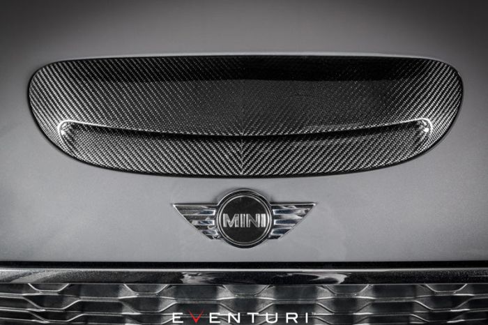 Carbon fiber hood scoop on a grey Mini Cooper with the Mini logo beneath. Text "EVENTURI" is at the bottom.