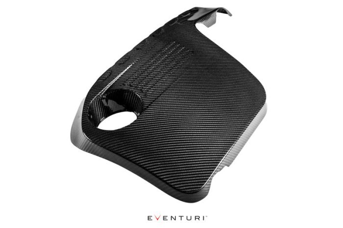 A carbon fiber car engine cover rests against a white background with the brand name "Eventuri" printed below it.
