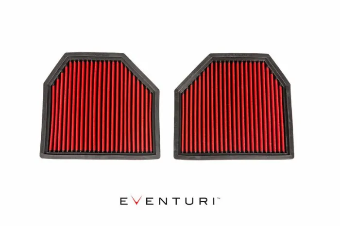 Two red and black air filters lie side by side on a white background. The text "EVENTURI" is written in black and red below them.
