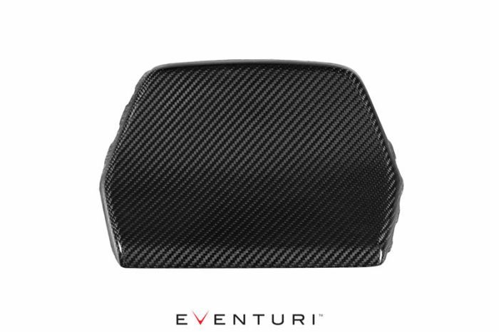 A carbon fiber car engine cover with a textured surface is centered against a white background. The text "EVENTURI" appears below the cover.
