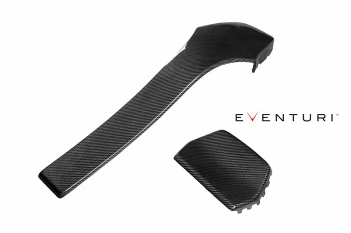 Carbon-fiber intake components for a vehicle displayed on a white background, with "EVENTURI" branding text in black and red on the right.