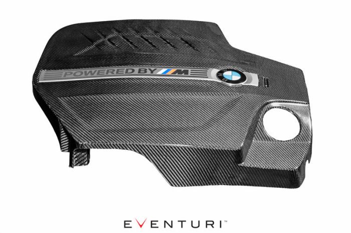 Carbon fiber engine cover marked "Powered by M" alongside a BMW logo, set against a white background, with "EVENTURI" written below.
