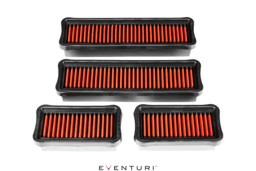 Four rectangular red car air filters with black frames are arranged on a white background. "EVENTURI" is printed below the filters.