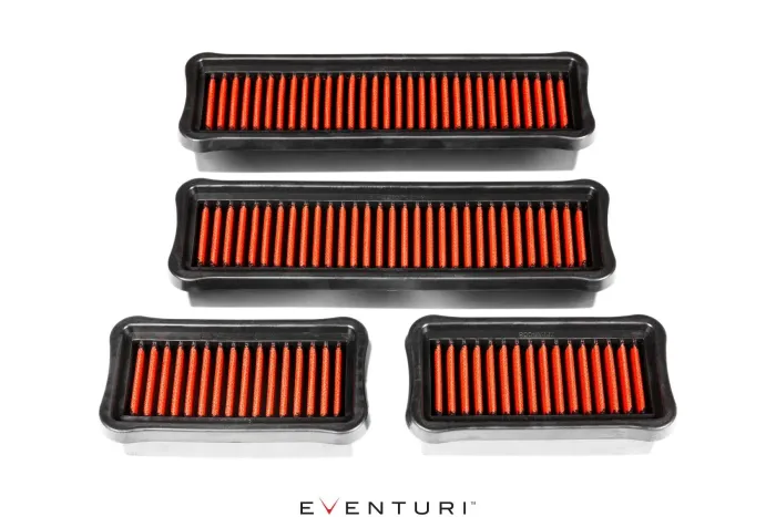 Four rectangular red car air filters with black frames are arranged on a white background. "EVENTURI" is printed below the filters.