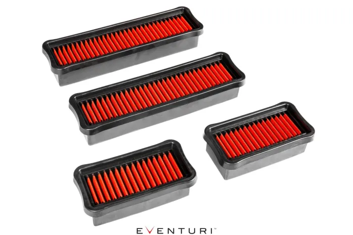 Four red air filters with black frames are arranged against a white background. "EVENTURI" is written at the bottom in black and red letters.
