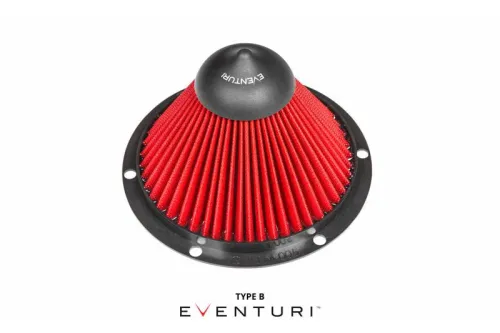 Conical red air filter with black center labeled "EVENTURI," shown against a white background. Below is the text: "TYPE B EVENTURI™."
