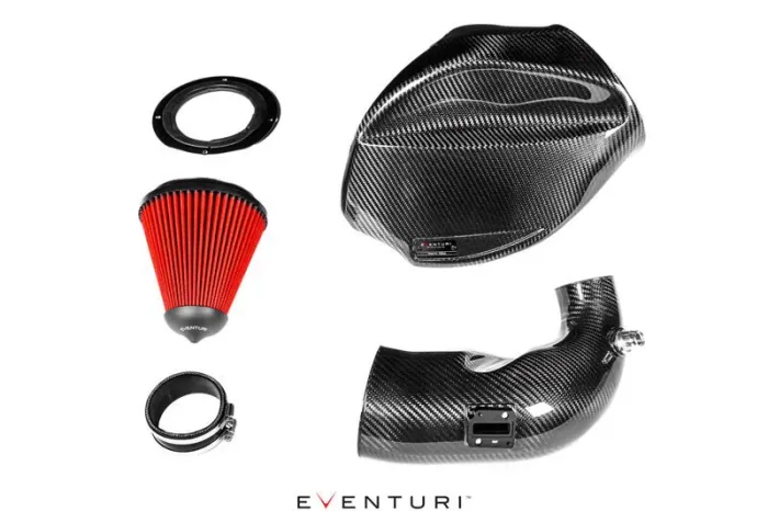 Five carbon fiber and metal components, including a red air filter, laid on white background. Caption: "EVENTURI".