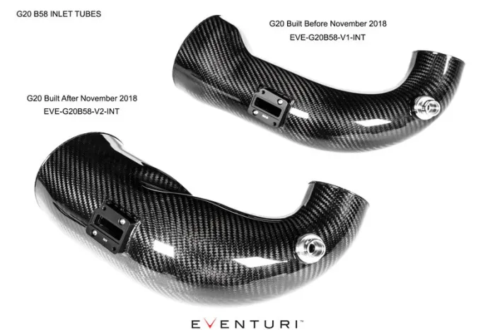 Two carbon-fiber inlet tubes, one labeled for G20 models built before November 2018 (EVE-G20B58-V1-INT), the other for models post-November 2018 (EVE-G20B58-V2-INT), displayed on a white background. Text: "EVENTURI".