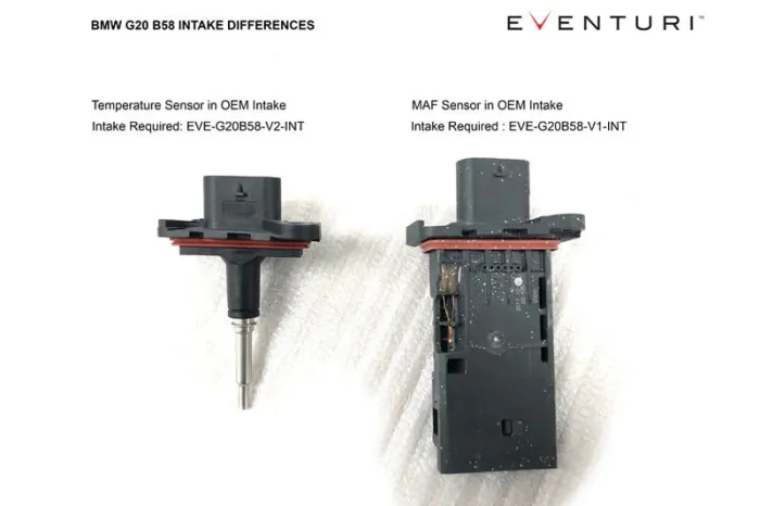 Two sensors on a white background with text: "BMW G20 B58 INTAKE DIFFERENCES." Left: "Temperature Sensor in OEM Intake, Intake Required: EVE-G20B58-V2-INT." Right: "MAF Sensor in OEM Intake, Intake Required: EVE-G20B58-V1-INT."