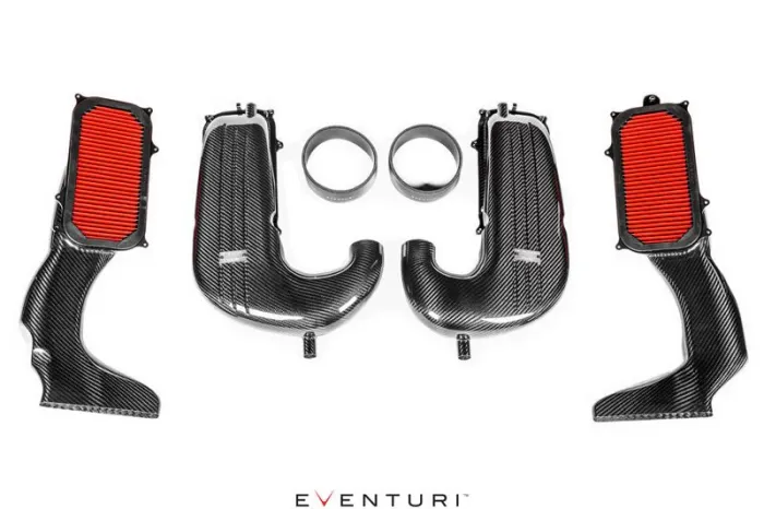 Carbon fiber air intake components arranged symmetrically, featuring red air filters on both ends and rubber connectors in the center. Branding "EVENTURI" is at the bottom.