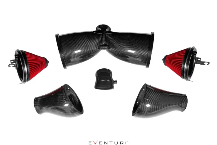 Carbon fiber air intake components arranged in a radial pattern, featuring two conical red filters and various ducts with the brand name "Eventuri" displayed below.