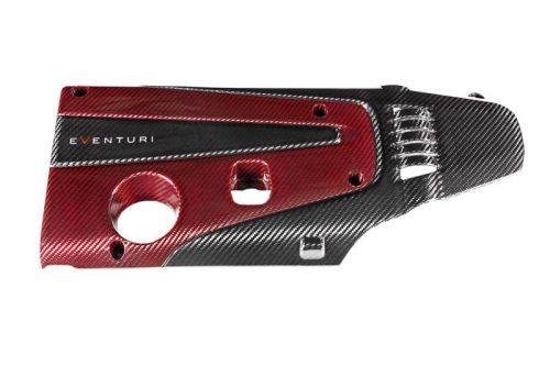 Red and black carbon fiber engine cover with "EVENTURI" text, featuring cutouts and bolt holes for attachment, photographed against a plain white background.