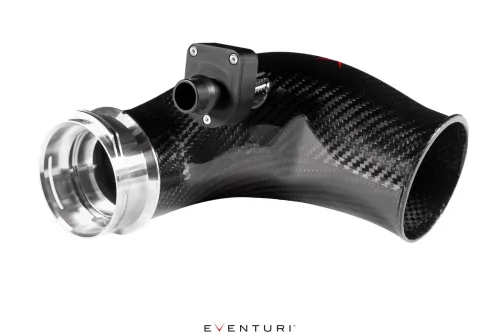 A carbon fiber air intake tube with a sensor attachment, set against a white background. Text at the bottom reads “EVENTURI.”