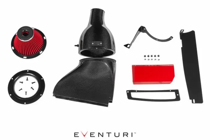 Several automotive air intake system components, including a red filter, carbon fiber ducts, a metallic bracket, screws, and a red rectangular element, are arranged on a white background. Text: EVENTURI.