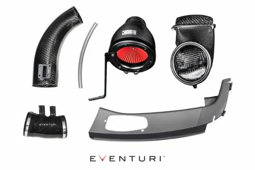 Carbon fiber car intake parts on a white background, including air filter housings and ducts. "EVENTURI" is labeled on multiple components, emphasizing brand identity.