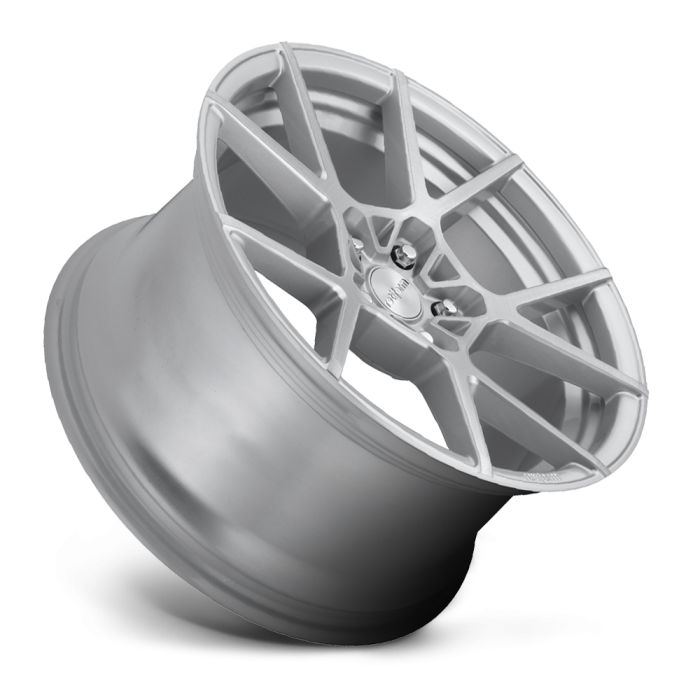 A silver, multi-spoke car wheel rim, viewed at an angle, rests against a white background. Text on the wheel reads, "RAYS" and "VOLK RACING."