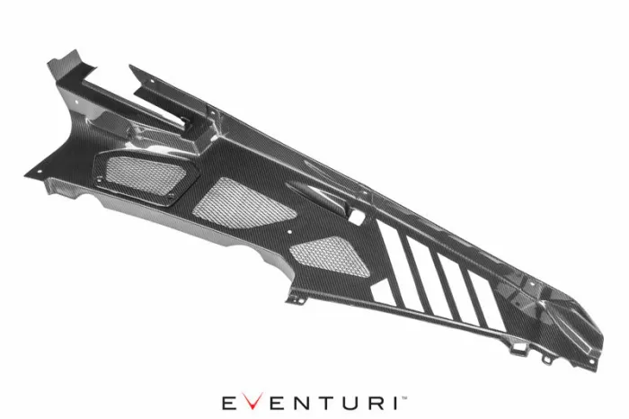 A carbon fiber car engine cover, featuring several vent cutouts for cooling, is displayed against a white background. Text at the bottom reads "EVENTURI™".