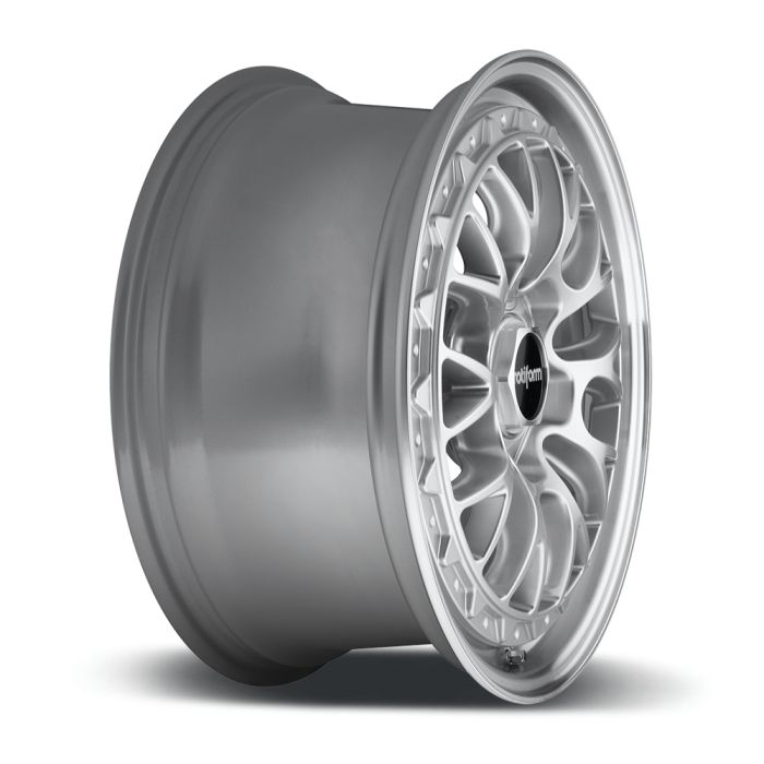Silver alloy wheel featuring intricate, multi-spoke design, angled to left, with "Rotiform" logo in the center. Placed on a plain white background.