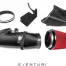 Carbon fiber car air intake kit, disassembled on a white background, including a large carbon fiber tube, a red air filter, a mounting bracket, a clamp, and a cover. Text: "Eventuri."