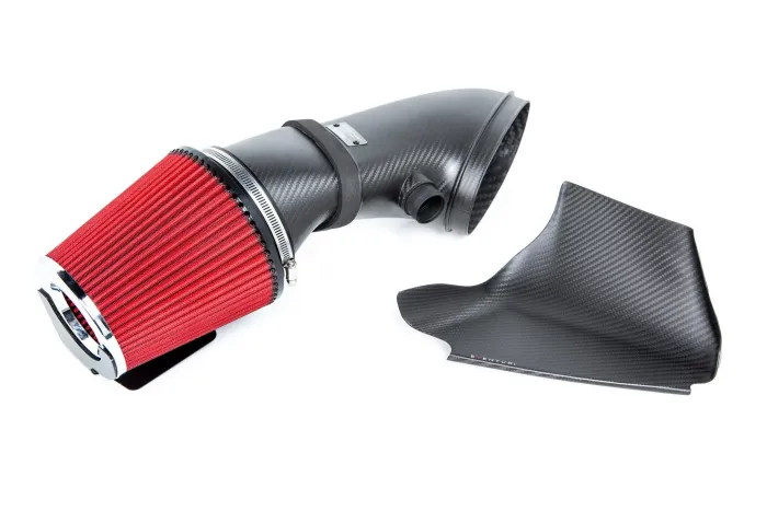 Carbon-fiber air intake system with a red cone filter, situated next to a separate carbon-fiber engine cover on a white background. The cover has "EVENTURI" written on it.