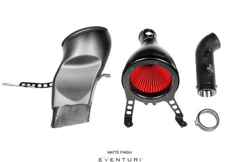 Carbon fiber air intake components, including an intake scoop, air filter with red pleats, intake tube, and clamp, laid out on a white background. Text reads "MATTE FINISH" and "EVENTURI ™" below.