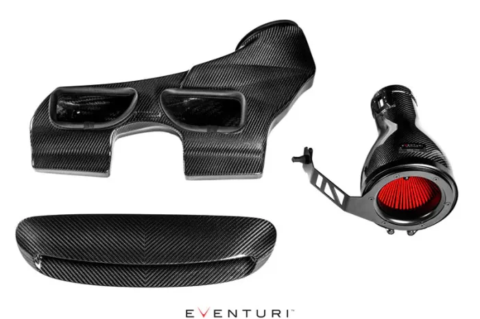 Three carbon fiber car parts, including an intake system with a red filter, arranged on a white background. Eventuri logo at the bottom.