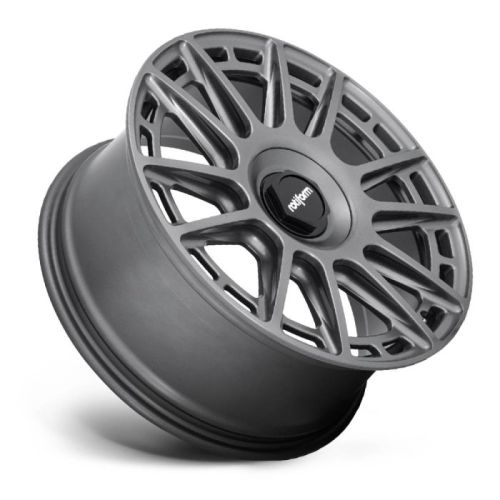 A matte gray alloy wheel rim with intricate, angled spokes and a central cap labeled "rotiform," angled sideways on a white background.